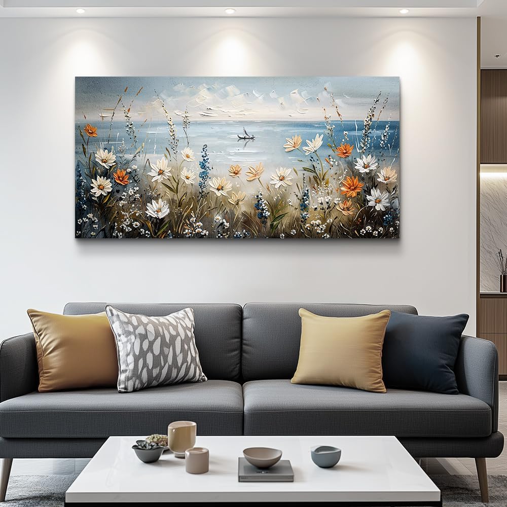 MHARTK66 Wall Art for Living Room Large Beach Painting Ocean Wildflower Canvas Artwork Framed Coastal Landscape Artwork Seascape Nature Rustic Picture for Office Bedroom Home Wall Decor 60x30in