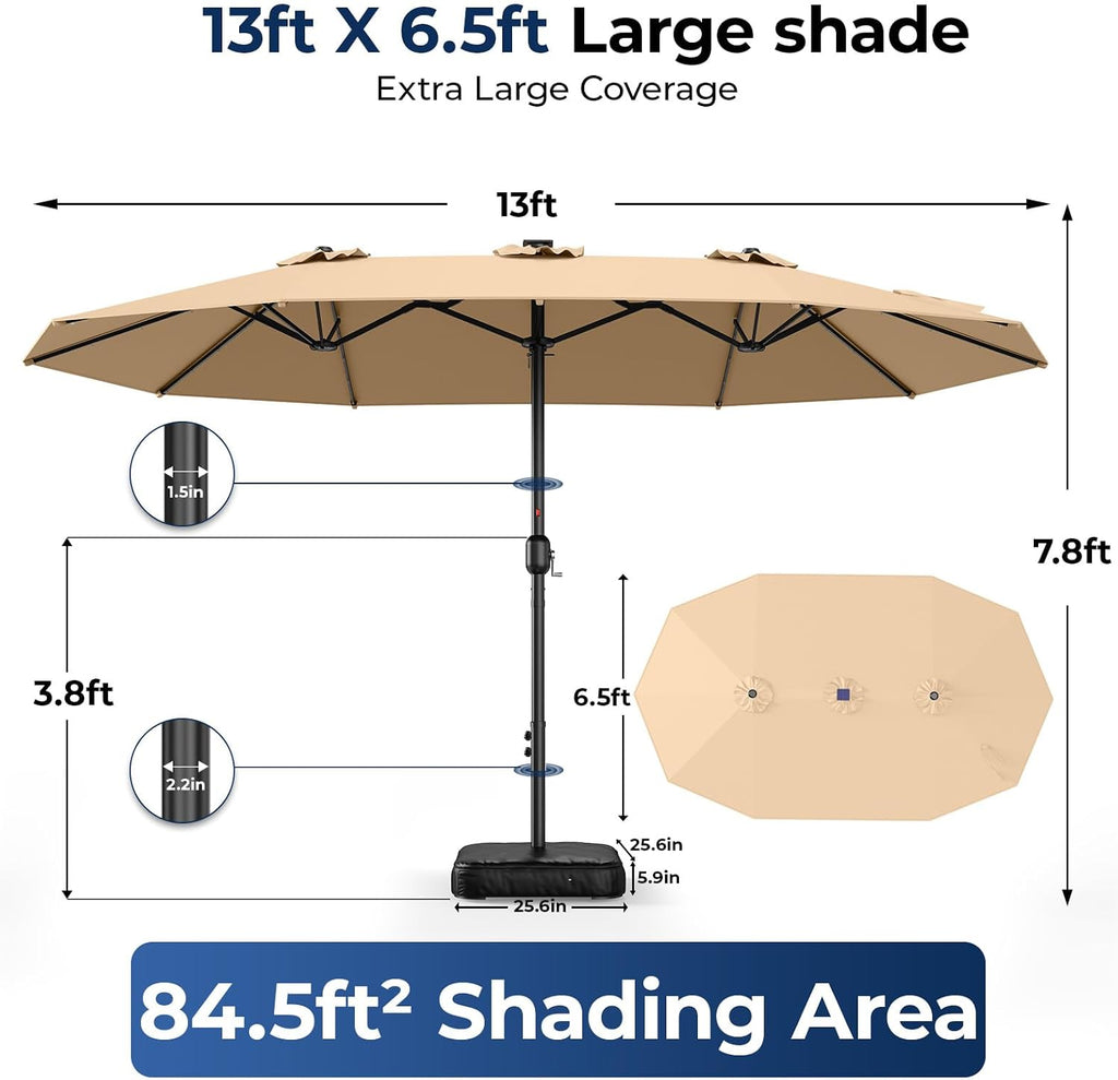 HOMSHADE Double Sided Patio Umbrellas - 13ft Solar Lights LED Lighted Outdoor Extra Large Market Table Umbrella with Base Included, Oversized Umbrella for Deck, Pool, Backyard