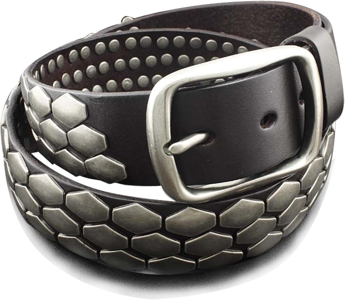 Pin Buckle Rocker Punk Biker Belt – Real Genuine Leather with Metal Sequin Detail