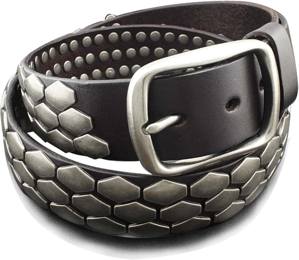 Pin Buckle Rocker Punk Biker Belt – Real Genuine Leather with Metal Sequin Detail