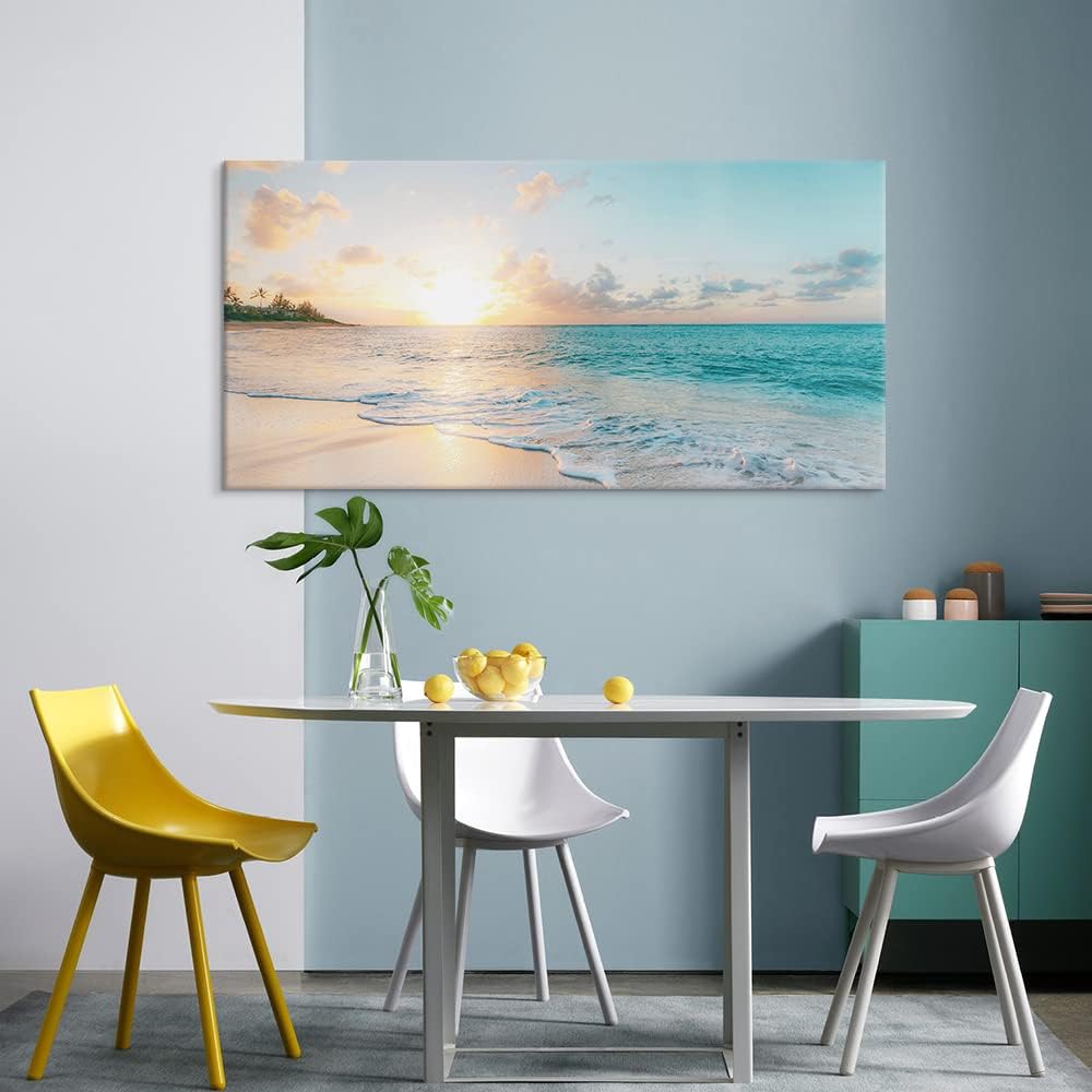 Goldfoilart Large Beach Sunset Canvas Wall Art for Living Room Blue Sea Prints Romantic Ocean Waves Pictures Painting Bedroom Home Office Wall Decor Ready to Hang 24x48Inch