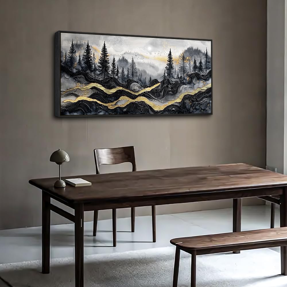 KELIYUAAN Large Canvas Wall Art For Living Room Black Framed Wall Decor For Bedroom Office Wall Decorations Prints Pictures Abstract Mountain Landscape Painting Home Decor Aesthetics 24'X48'