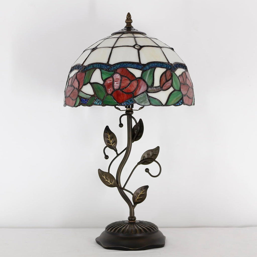 Tiffany Lamp Rose Flower Style Stained Glass Table Lamp Desk Bedside Reading Light 12X12X19 Inches with Metal Leaf Base Decor Bedroom Living Room