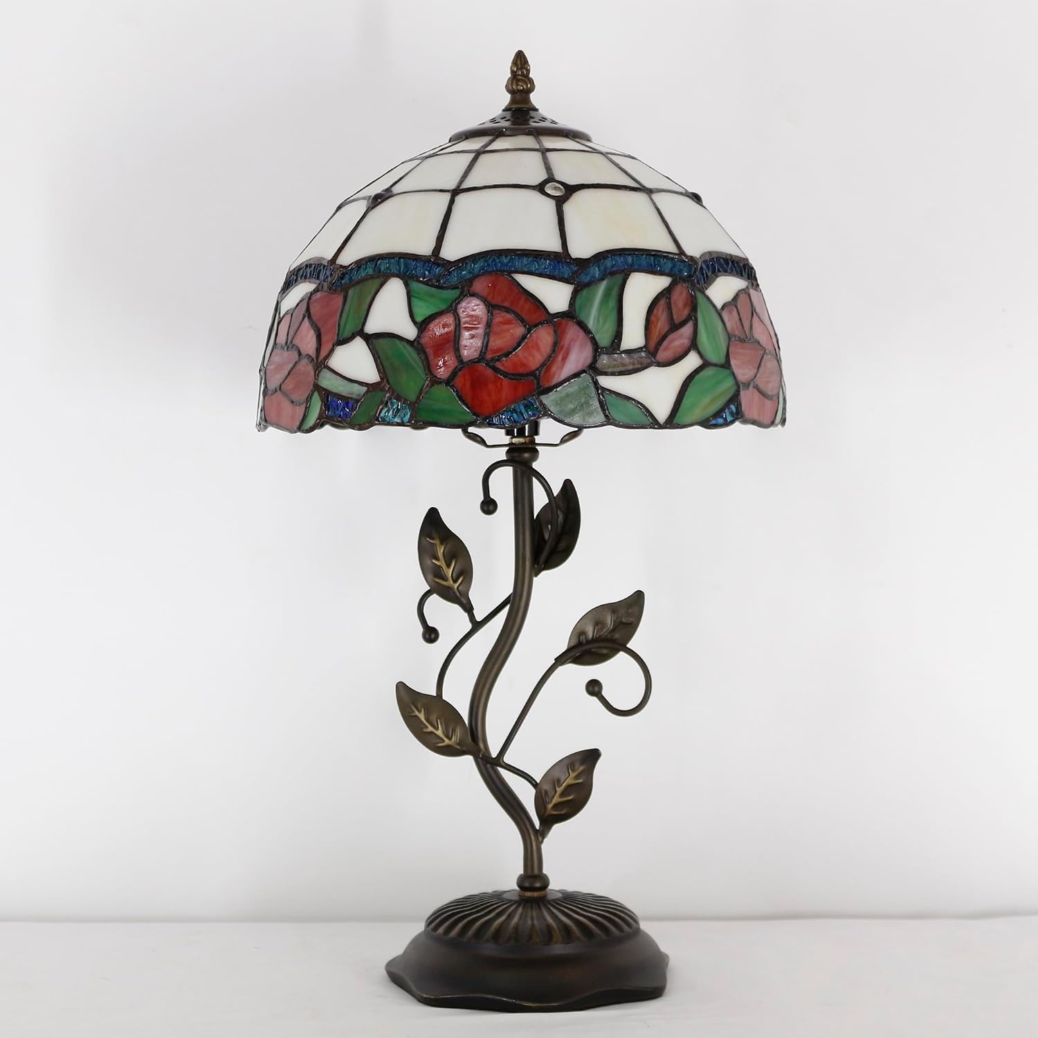 Tiffany Lamp Rose Flower Style Stained Glass Table Lamp Desk Bedside Reading Light 12X12X19 Inches with Metal Leaf Base Decor Bedroom Living Room