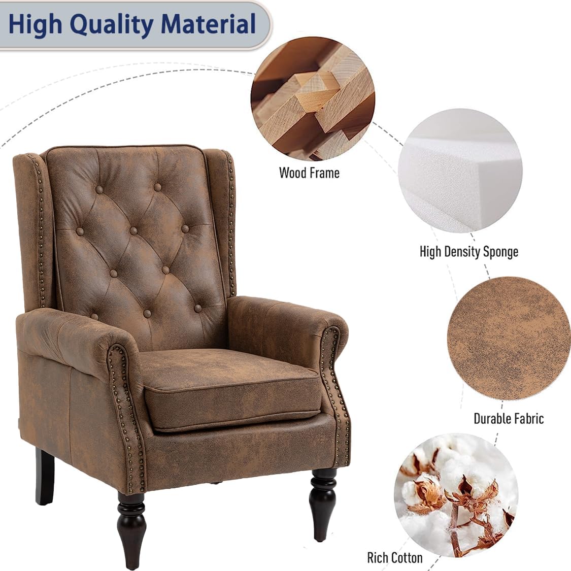 Mid-Century High Wingback Chair Set of 2,Microsuede Accent Chair Armchair with Buttons,Modern Living Room Chairs with Rivet Decoration,Leisure Single Sofa Chair for Bedroom,Home Reception (Coffee)