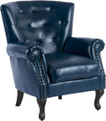 MOJAY PU Leather Accent Chair, Mid-Century Modern Armchair Living Room Club Chair with Tufted Button & Rivet Trim, Upholstered Sofa Chair with Sturdy Wood Legs for Bedroom (Navy)