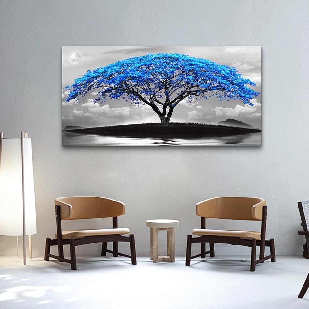 Wapluam Black And White Pictures Large Canvas Prints Wall Art For Living Room Bedroom Wall Decor Blue Tree Landscape Painting To Hang Modern Home Decorations For Office Stretched And Framed Works