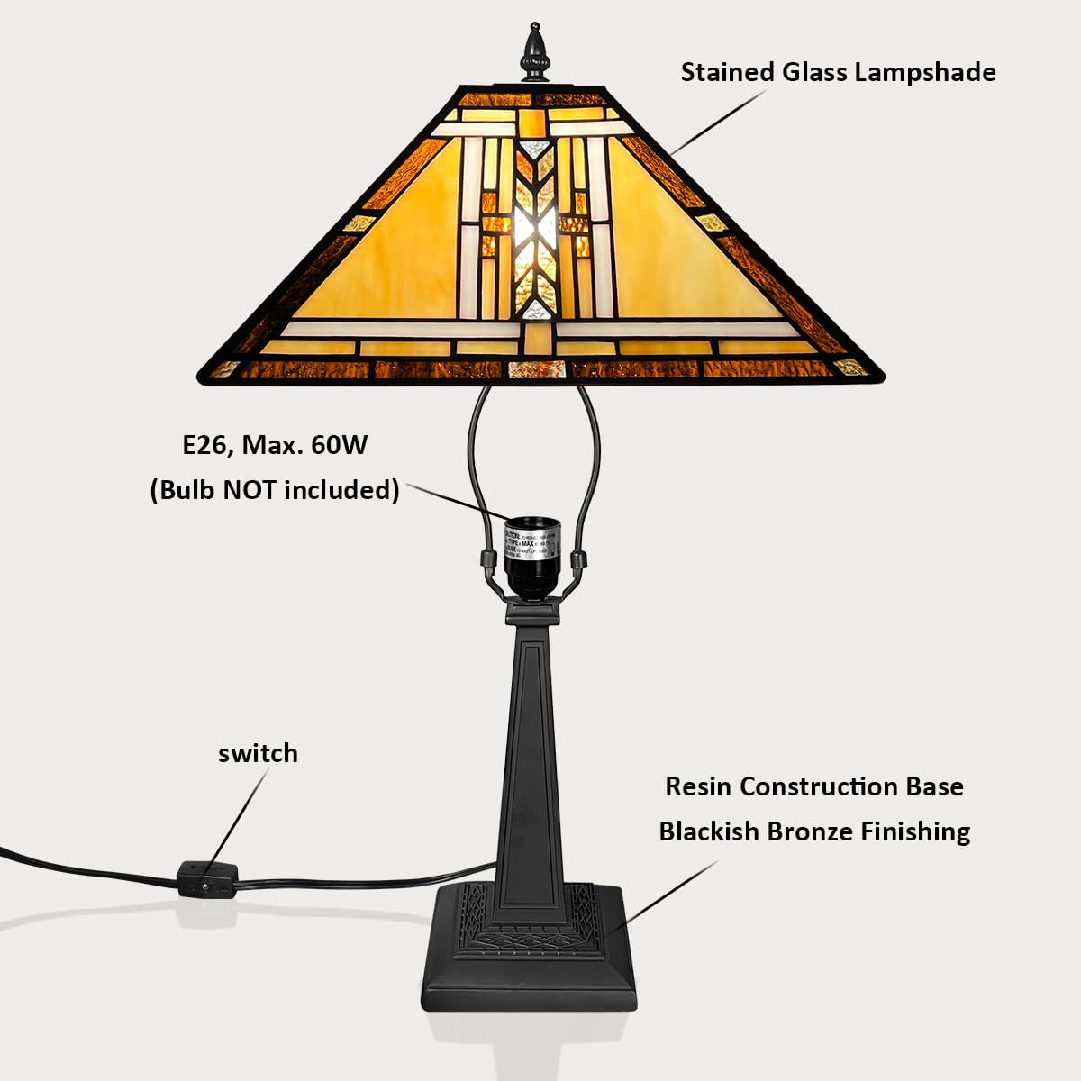 Tiffany Table Lamp,Mission Stained Glass Table Light,Antique Style Medium Size Desk Lamp Vintage Beside Reading Lamp for Living Room Bedroom Office
