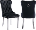 2 Piece Contemporary Velvet Upholstered Dining Chair with Chrome Stainless Steel Plating Legs, Nail Head Decro, Armless Tufted Dining Chair Fabric Dining Room Chair (Black&Silver, Set of 2)