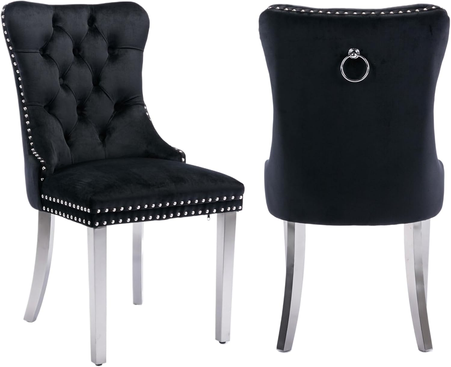 2 Piece Contemporary Velvet Upholstered Dining Chair with Chrome Stainless Steel Plating Legs, Nail Head Decro, Armless Tufted Dining Chair Fabric Dining Room Chair (Black&Silver, Set of 2)