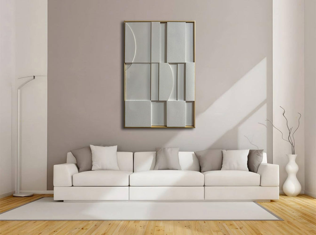 Slyart 3D White Textured Wall Art, Handmade Verical Abstract Relief Wall Art Framed Wall Decorations Artwork, Minimalist White Painting