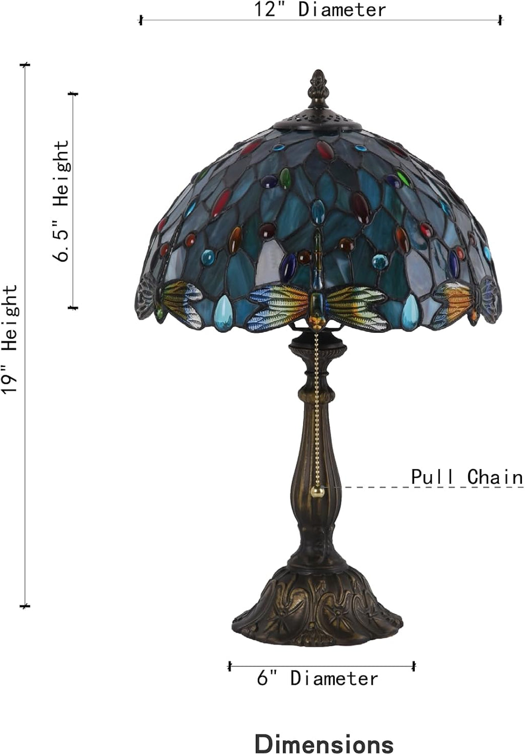 Tiffany Style Stained Glass Table Lamp 12-inch Dia Ocean Blue Dragonfly Design Lampshade Vintage Nightstand Light for Bedroom Dorm Living Hallway Cottage Office Cafe Ceremony Housewarming Gift