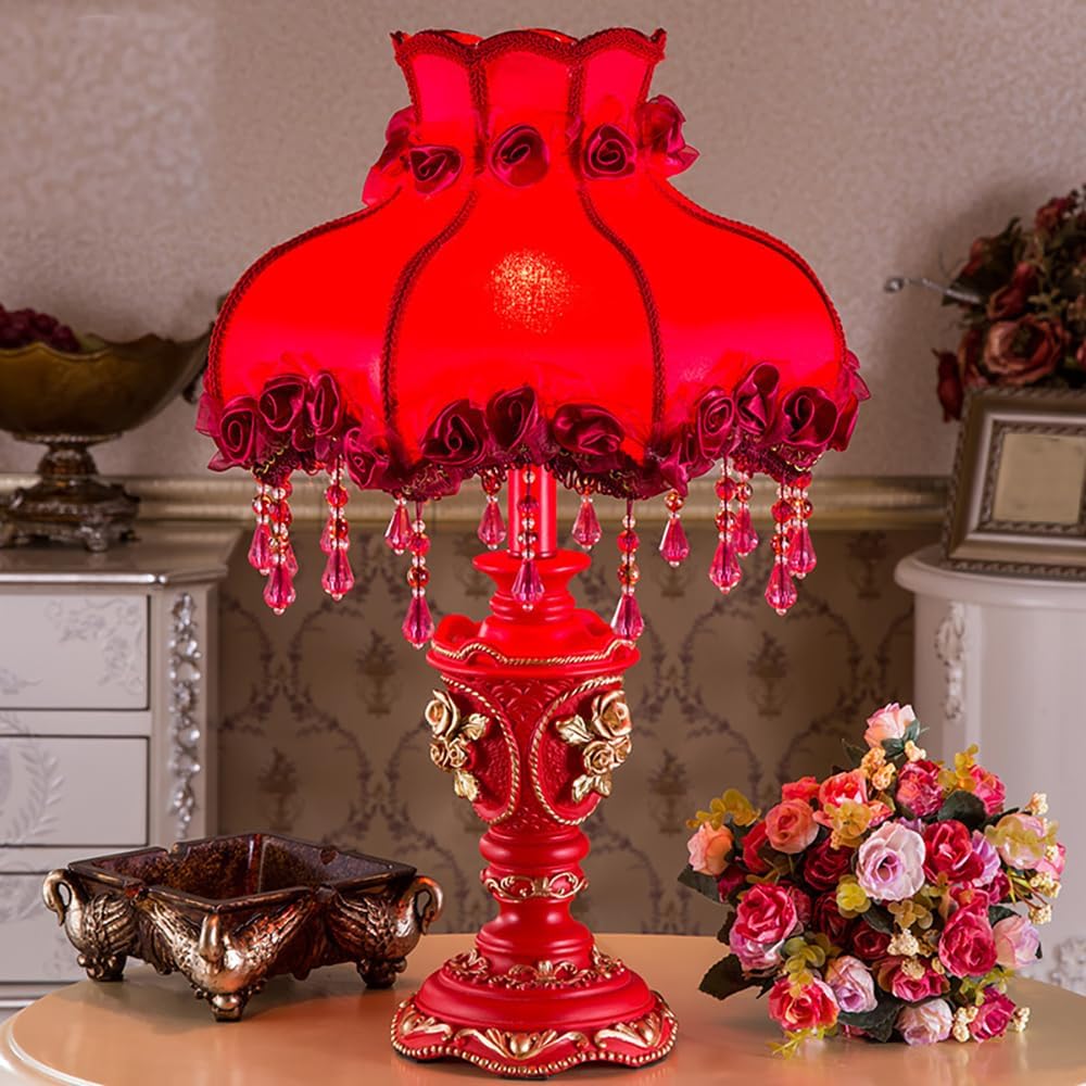 Elegant Table Lamp with Fabric Lampshade, Antique Flower Decorative Bedside Desk Lamp, Rose Decoration Night Light for Bedroom Nightstand