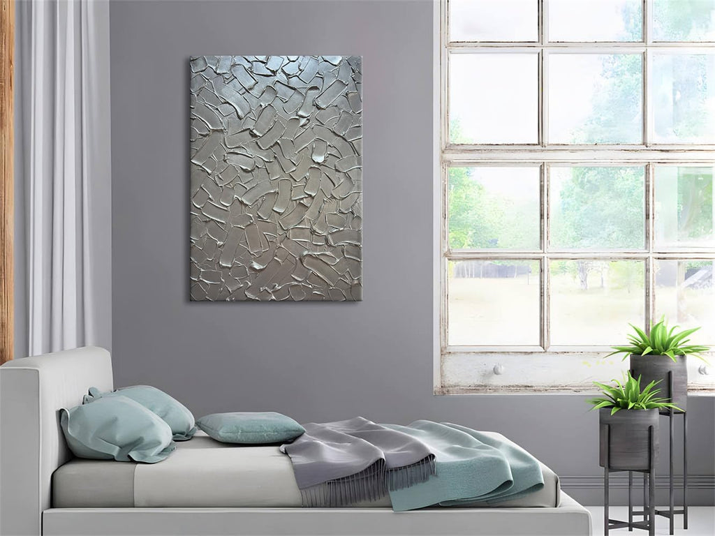 Slyart Handmade 3D Texture Wall Art Modern Abstract Painting 28x40 Inches Minimalist Silver Gray Artwork Oil Painting on Canvas Wall Decor for Living Room Bedroom