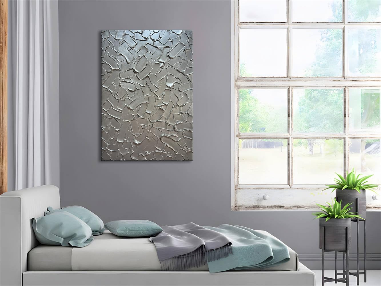 Slyart Handmade 3D Texture Wall Art Modern Abstract Painting 28x40 Inches Minimalist Silver Gray Artwork Oil Painting on Canvas Wall Decor for Living Room Bedroom