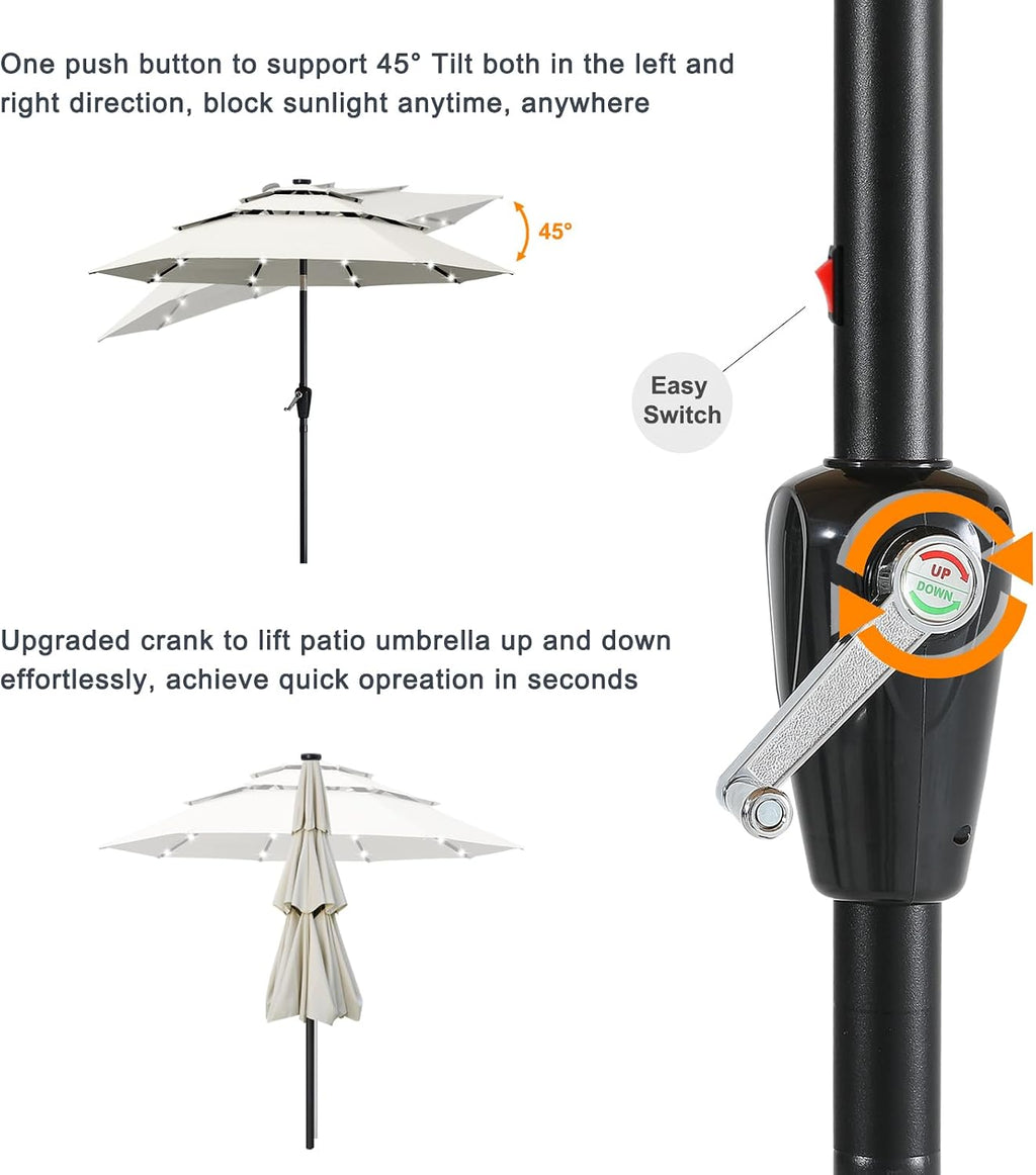 ABCCANOPY 3-Tiers 11FT Solar Patio Umbrella, Outdoor Umbrella with 32 LED Lights for for Deck, Pool, Garden, Backyard (Light Beige)