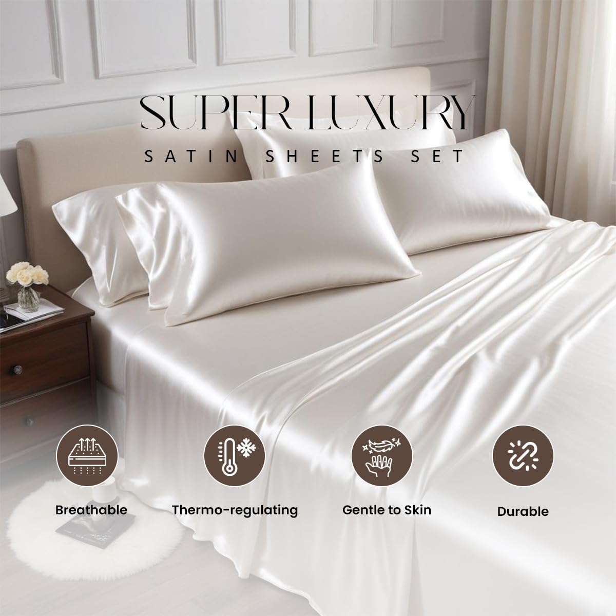 100% Pure Silk Sateen Sheet Set |7 Pcs|Fitted Sheet Fits Up to 15' Deep Pocket Mattress|Flat Sheet Fitted Sheet Duvet Pillowcase Set|Wrinkle Free Fade Resistant (Queen, Gold)