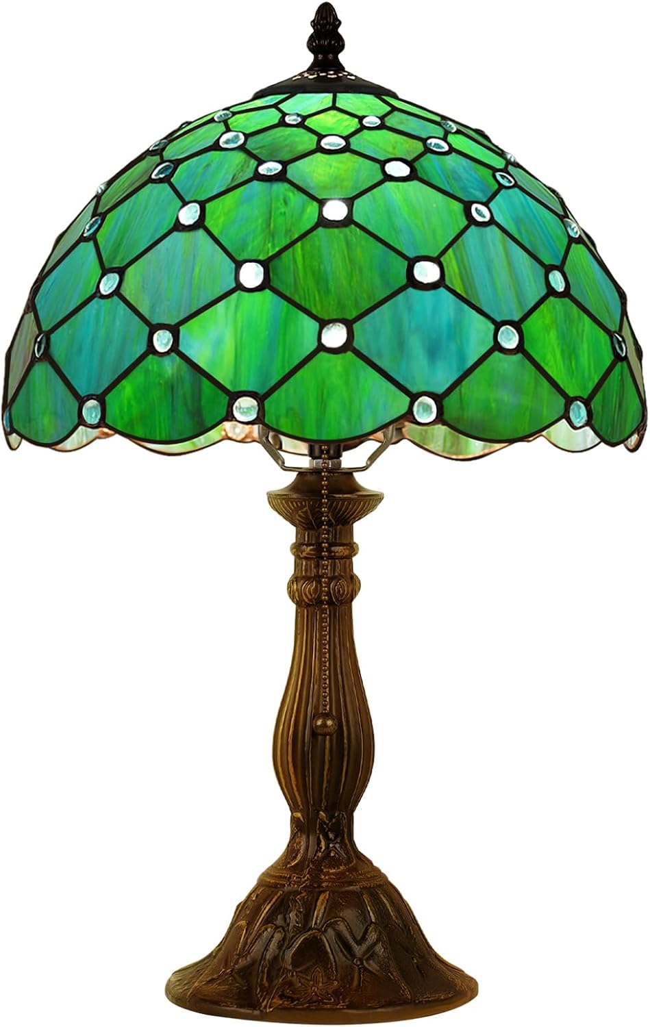 MOAN Lamp Stained Glass Table Lamp 12X12X19 Inch Bedside Reading Light Antique Bronze Base(Sea Blue Pearl Style)