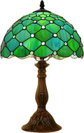 MOAN Lamp Stained Glass Table Lamp 12X12X19 Inch Bedside Reading Light Antique Bronze Base(Sea Blue Pearl Style)