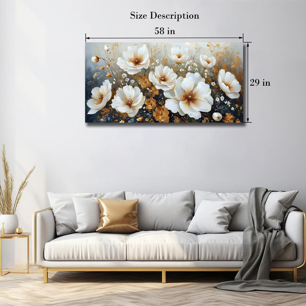 RUIFENGL Flower Canvas Wall Art White and Gold Floral Pictures Canvas Prints Wall Art for Living Room Bedroom Bathroom Home Office Decoration Painting Artwork 29'x58' Xlarge