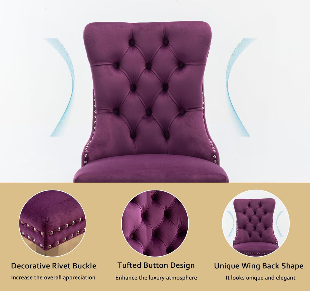 2 Piece Contemporary Velvet Upholstered Dining Chair with Chrome Stainless Steel Plating Legs, Nail Head Decro, Armless Tufted Dining Chair Fabric Dining Room Chair (Purple&Silver, Set of 2)