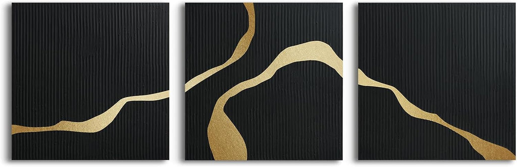 JUHOME 3-Piece Black Abstract Canvas Wall Art Set, 30x30 In Each, Modern Minimalist Textured Oil Painting Triptych for Living Room Bedroom Office Hotel Restaurant Decoration