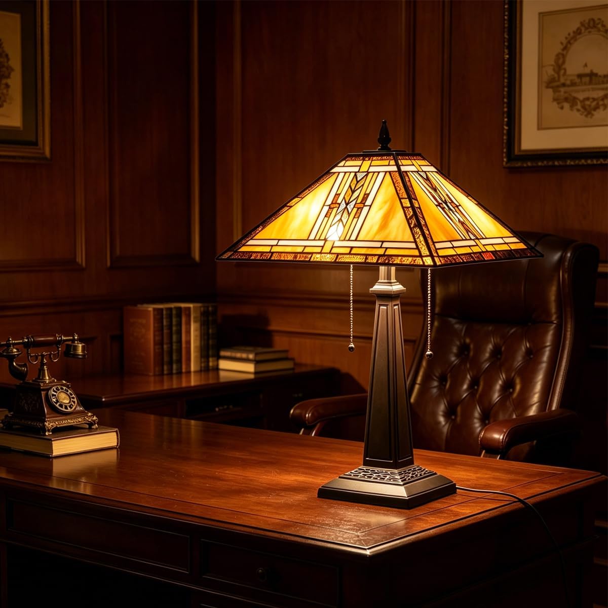 Tiffany Table Lamp,Mission Style Stained Glass Table Light,Antique Style 16 inch Large Desk Lamp,2 Lights Vintage Beside Reading Lamp for Living Room Bedroom Office