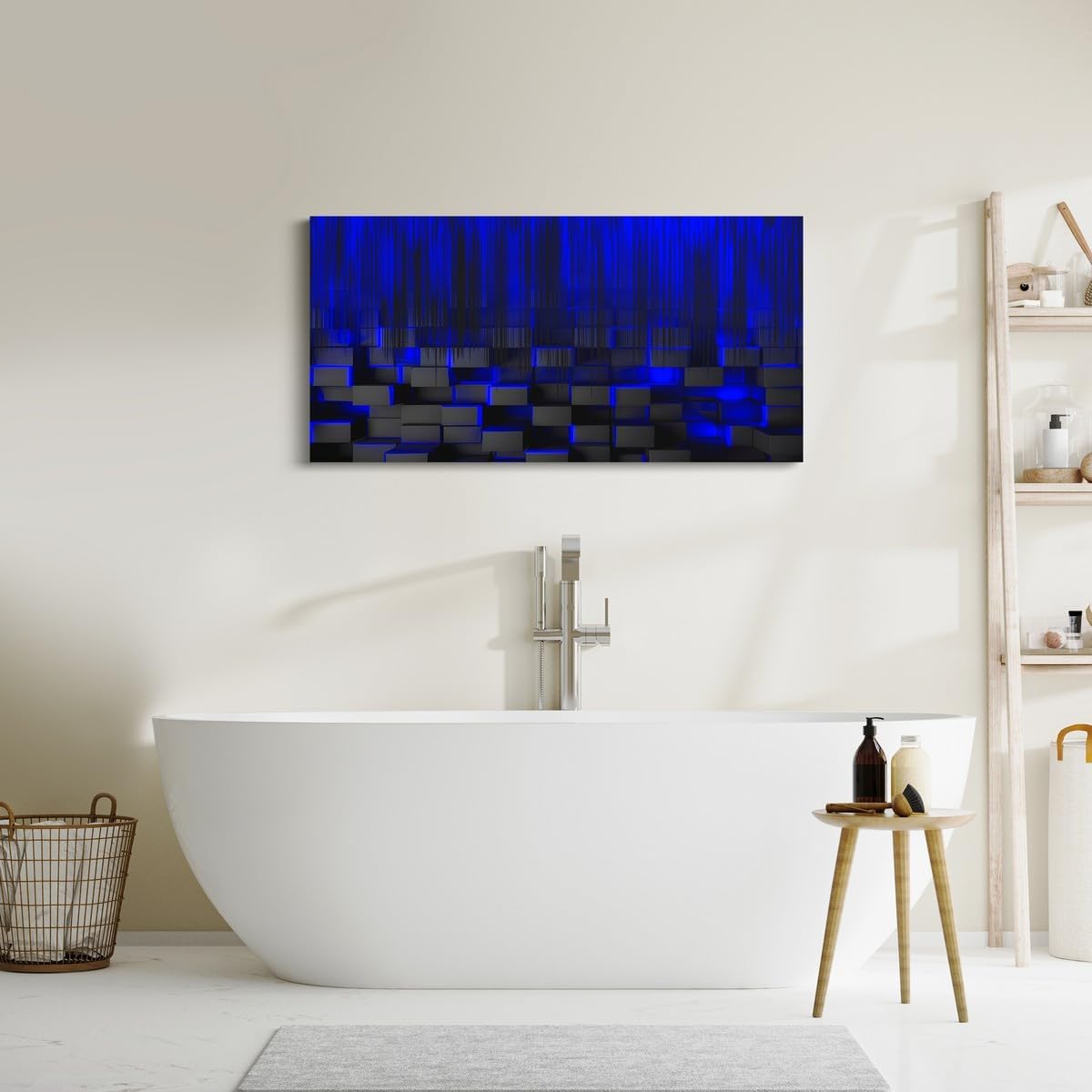 Feelyou Blue and Black Large Artwork 29'x58' for Home Decor Bathroom Office Decorations Artwork Posters Honeycomb Canvas Wall Art for Living Room Bedroom Strip Lines Painting