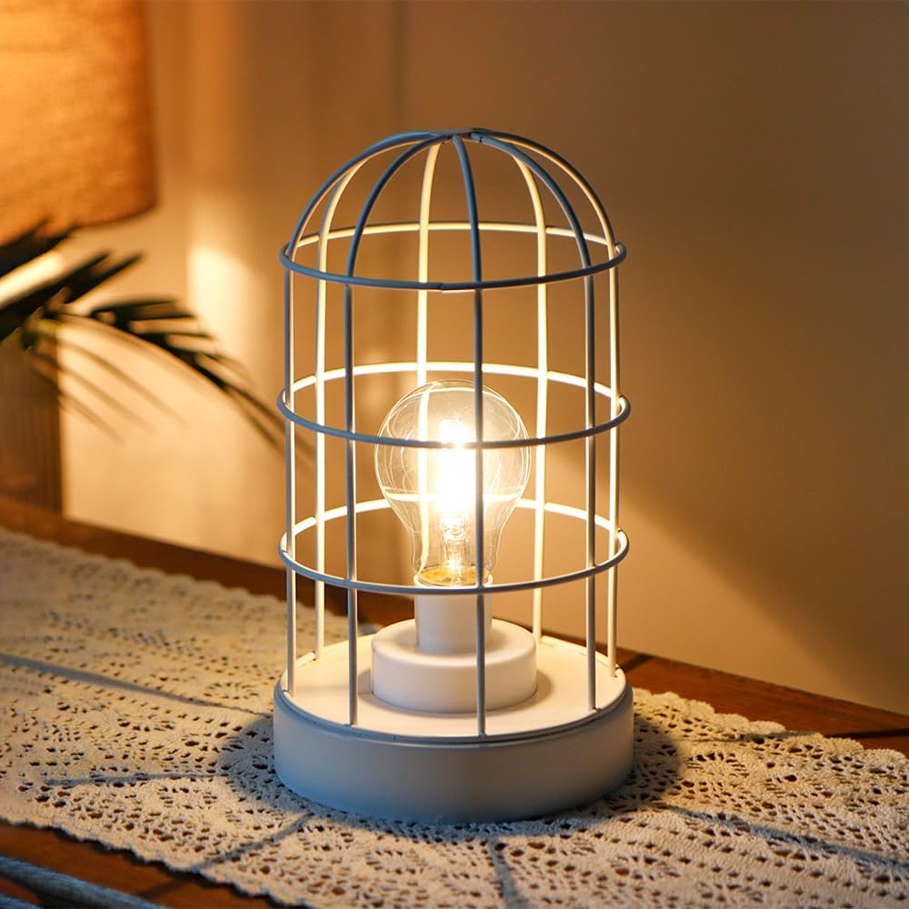 JHY DESIGN 6PCS Battery Operated Lamp 10''H Decorative Table Lamp Metal Cage Cordless Lamps with LED Bulb for Home Decor Living Room Bedroom Kitchen Wedding Patio Indoor（White）