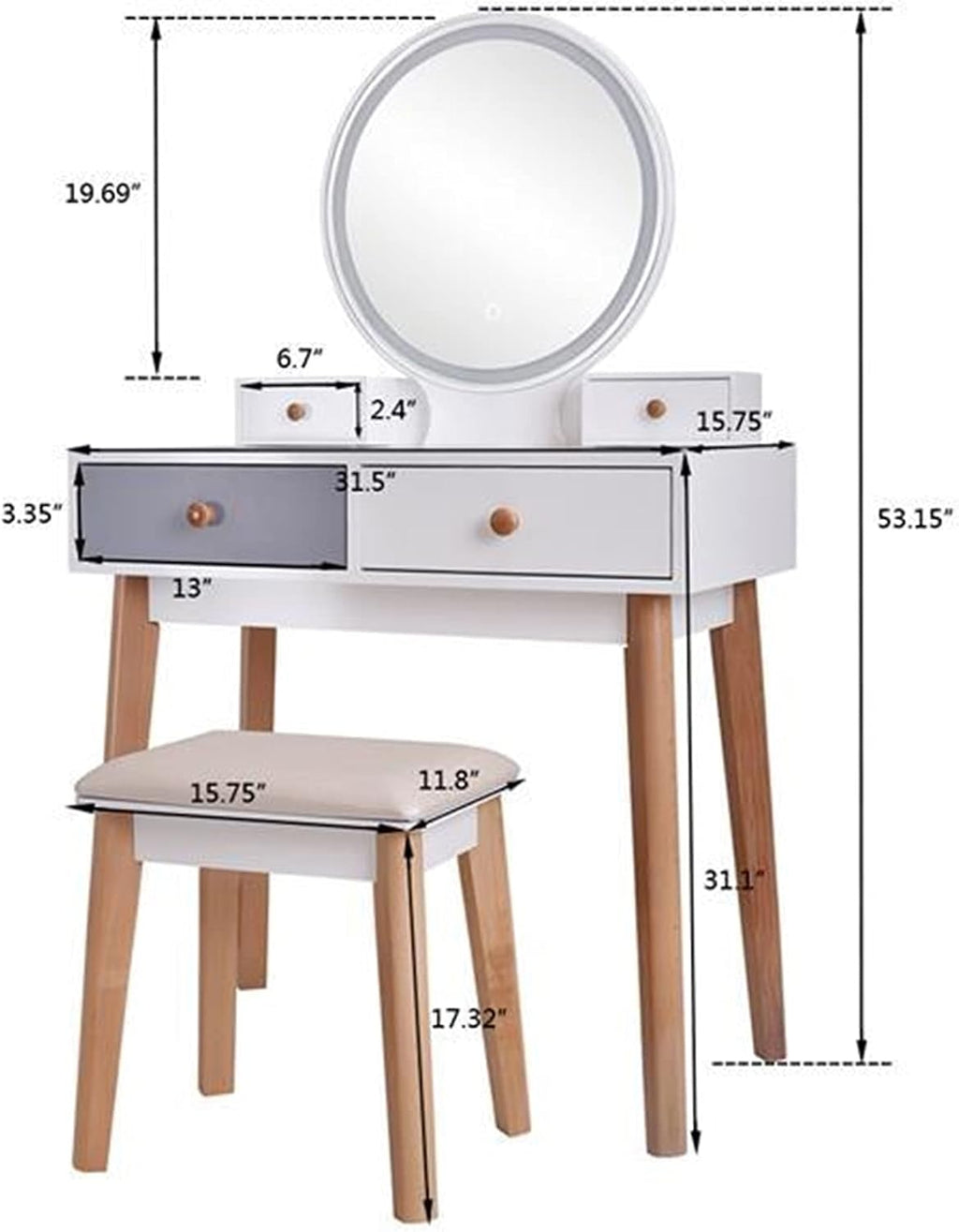 Dresser Vanity Table with Mirror Bedroom Wood Dressing Table Simple Makeup Table with Lamp Three Color Adjustable Dressing Table (Color : White)