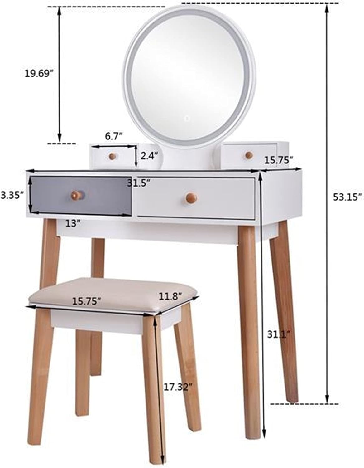 Dresser Vanity Table with Mirror Bedroom Wood Dressing Table Simple Makeup Table with Lamp Three Color Adjustable Dressing Table (Color : White)