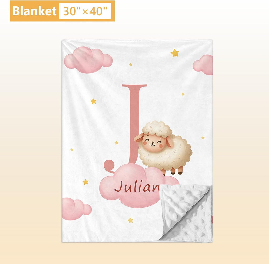 Terwex 5 Piece Customized Crib Bedding Set for Baby Girls - Custom Name Baby Crib Pink Sheep Nursery Bedding Set with Soft Blanket, Fitted Sheet, Rug, Personalized Gifts for Toddler, Newborn, Infant