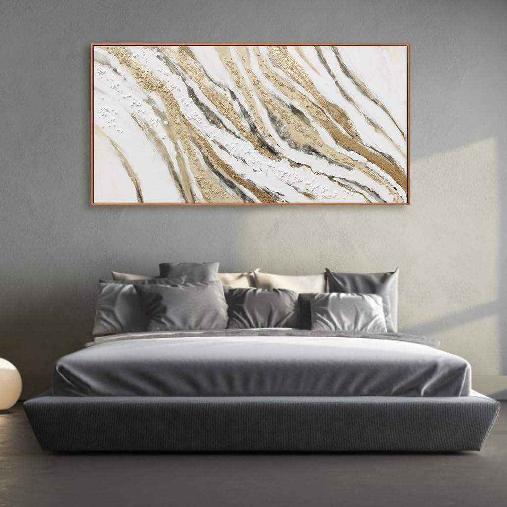 Abstract Canvas Wall Art Large Size Modern Art Paintings Abstract Painting With Golden And White Lines Minimalist Artwork Decor For Living Room Bedroom Corridor Framed 29' X 58'