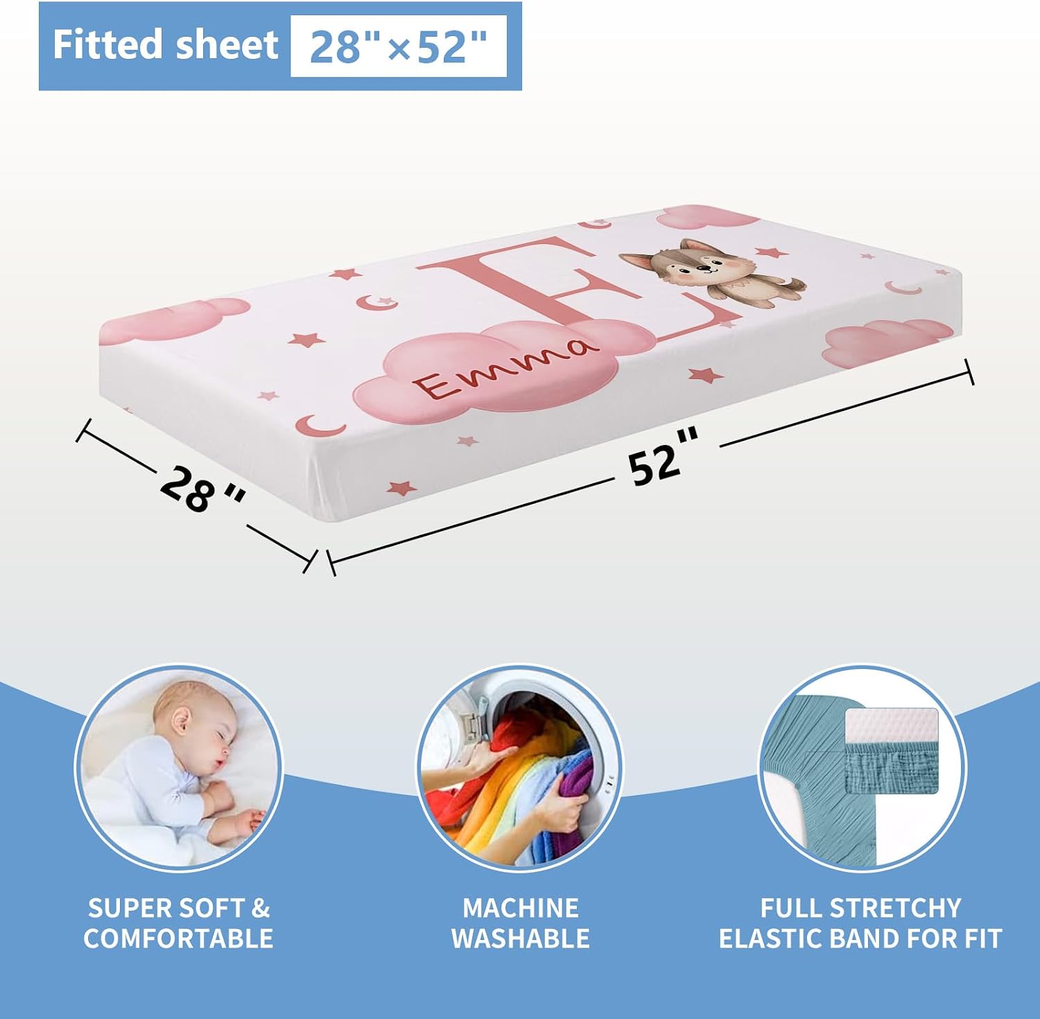 KAINSY Custom Crib Bedding Set, 5 Pcs Personalized Name Monogram Baby Crib Sets for Infants Toddlers, Pink Wolf Nursery Bedding Set for Boys Girls, Double Layer Baby Bedding Sets Customized Gifts