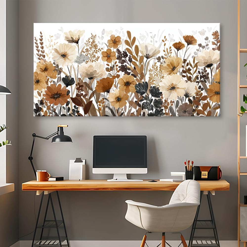 Watercolor Flower Wall Art Beige Brown Rustic Botanical Wildflower Picture Modern Country Aesthetic Painting Wall Decor Floral Landscape Canvas Prints Artwork for Bedroom Living Room Farmhouse 28'x58'