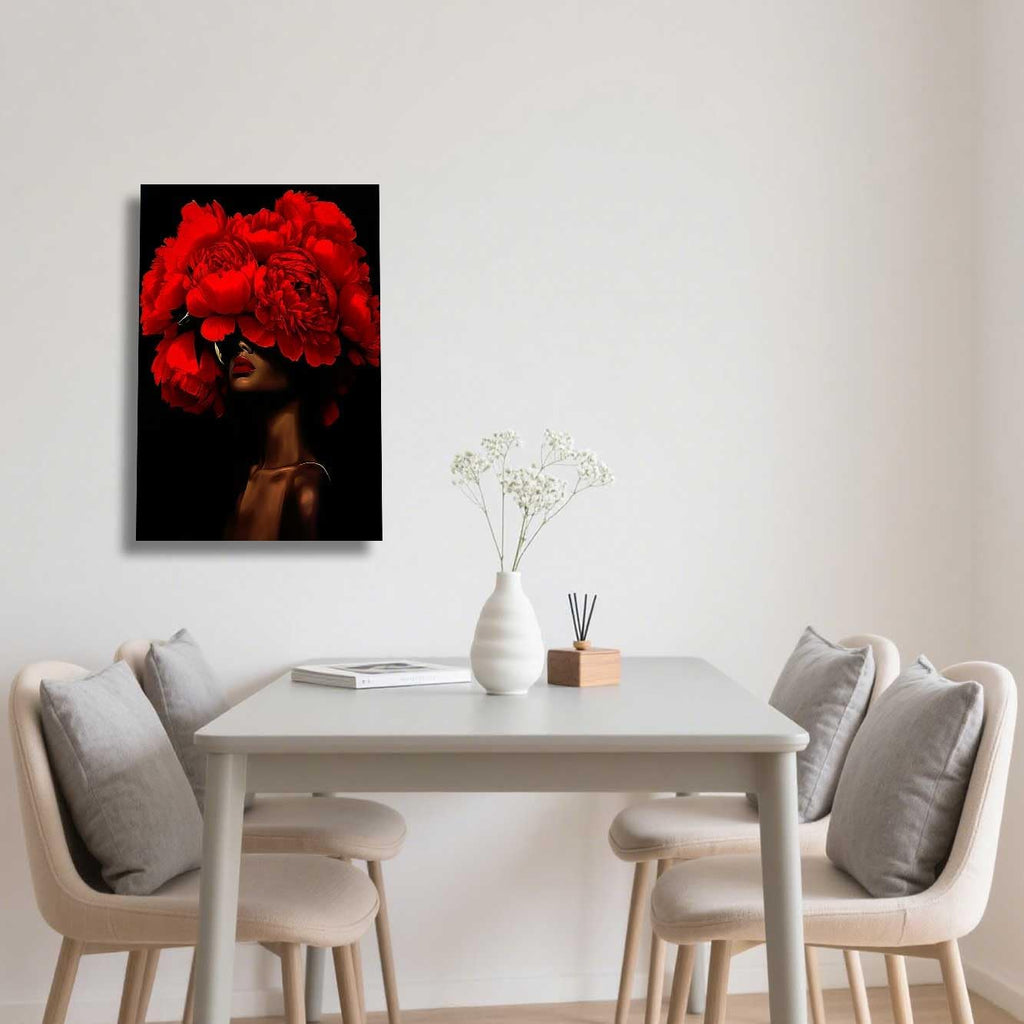 ZSHARTSWD African American Canvas Wall Art Black Woman with Flowers on Head Picture Abstract Black Girl Painting Prints for Girls Room Bathroom Decor Framed (Red, 42L x 28W)