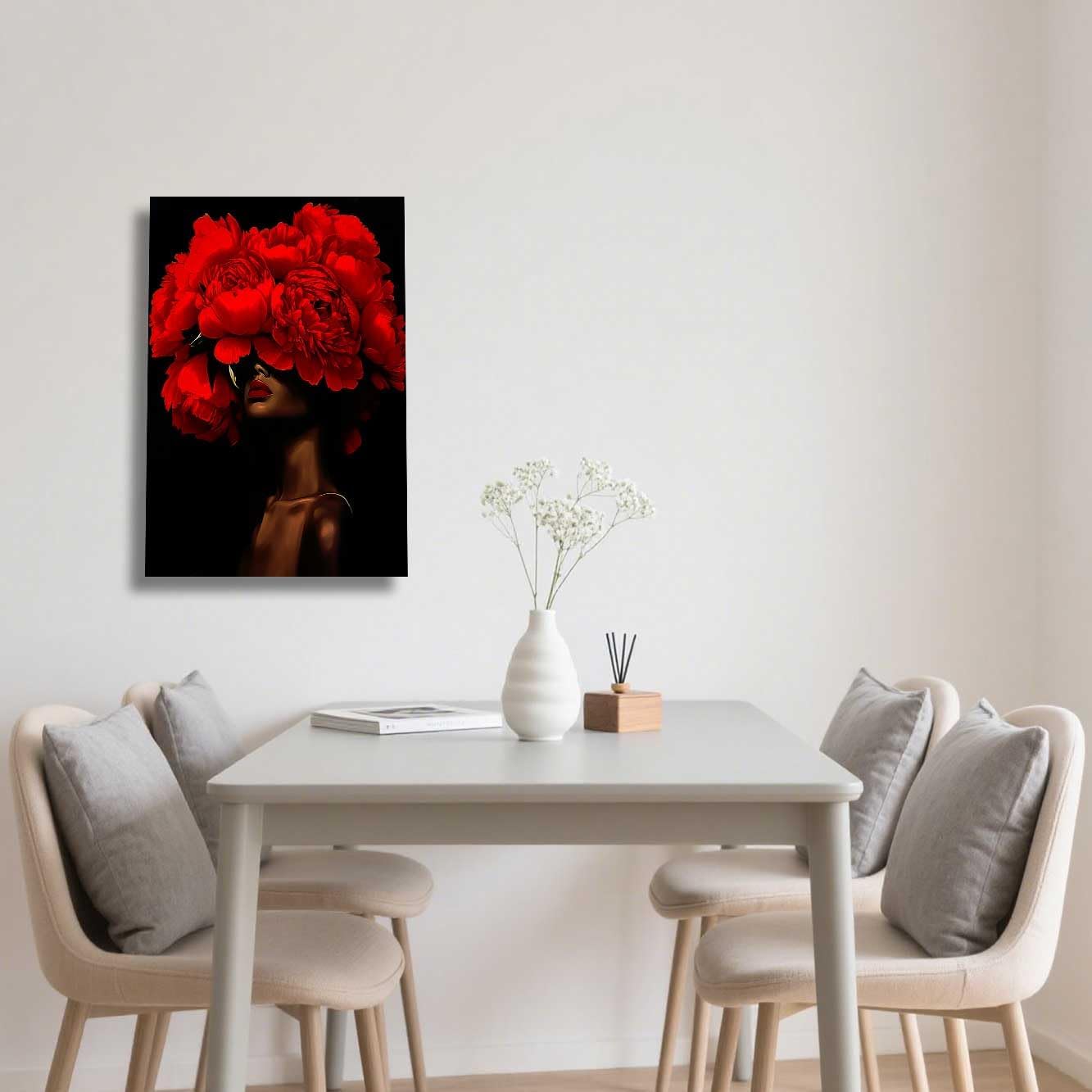 ZSHARTSWD African American Canvas Wall Art Black Woman with Flowers on Head Picture Abstract Black Girl Painting Prints for Girls Room Bathroom Decor Framed (Red, 42L x 28W)