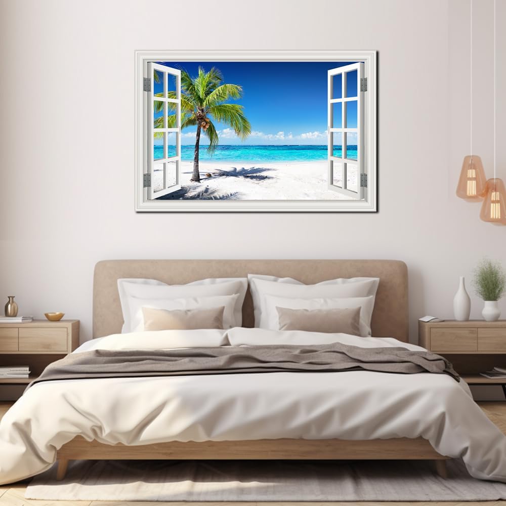 Ocean Wall Art Beach Picture for Living Room White Window Frame Style Palm Tree Art Print on Canvas Large Blue Sea View Painting Artwork for Bedroom Home Office Decoration, Ready to Hang(32'×48')