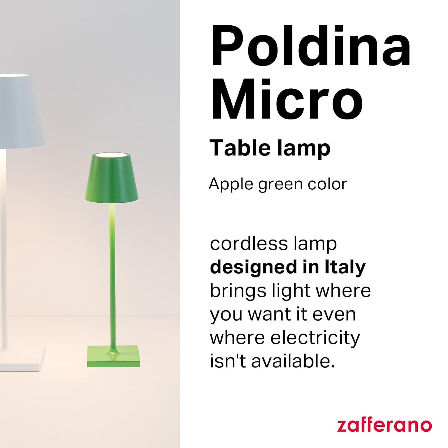 Zafferano, Poldina Micro Lamp, Rechargeable Cordless Table Lamp with Touch Controls, Suitable for Indoor and Outdoor, Dimmer, 2200-3000 K, Height 10.8 Inches, Apple Green Color