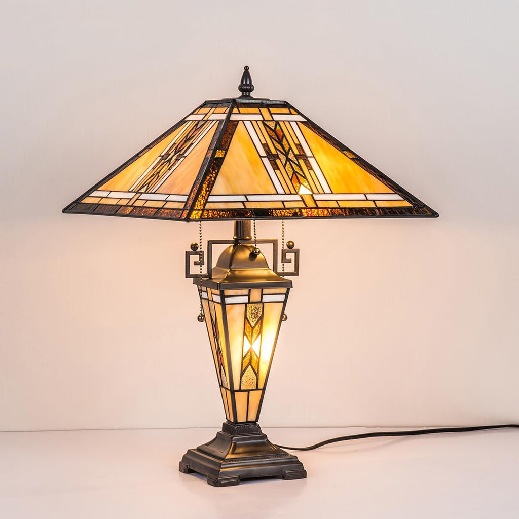 Tiffany Table Lamps with Nightlight,16' Wide Handmade Stained Glass Desk Lamp for Reading,3-Lights Mission Style Antique Nightstand Light for Living Room Bedroom Office