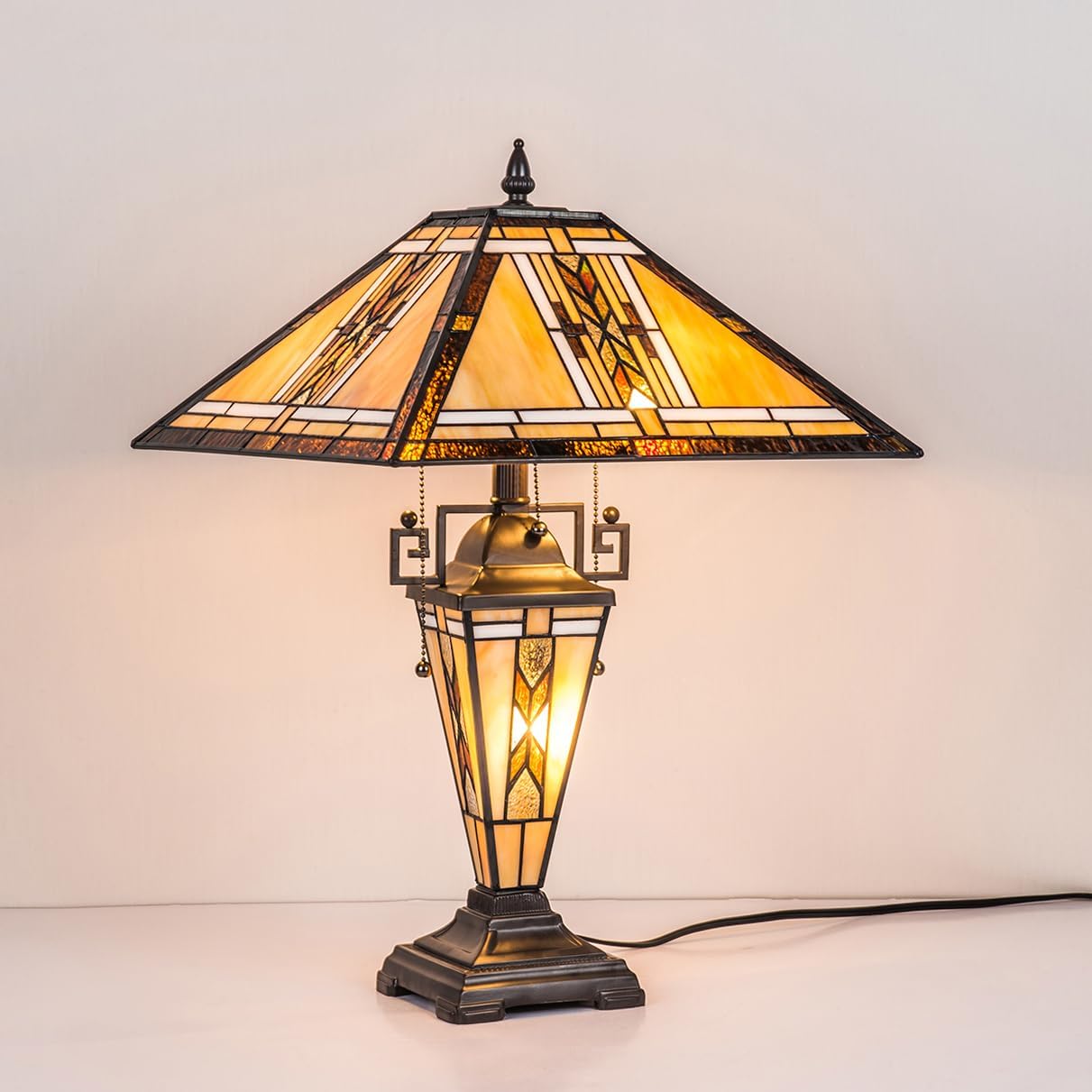 Tiffany Table Lamps with Nightlight,16' Wide Handmade Stained Glass Desk Lamp for Reading,3-Lights Mission Style Antique Nightstand Light for Living Room Bedroom Office