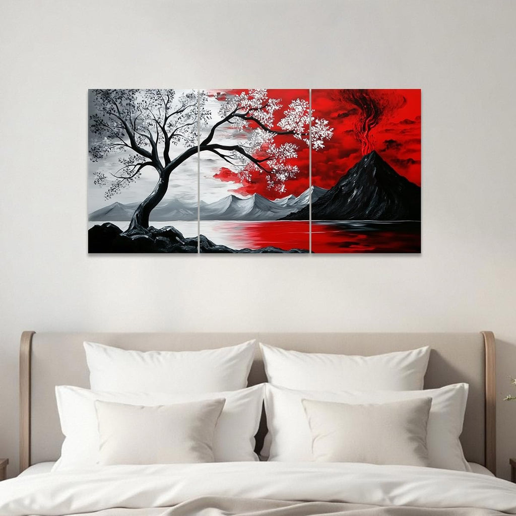 CCWACPP Black and Red 3pc Wall Art Abstract Seascape Paintings Cloud Tree Art Prints Landscape Canvas Pictures Modern Living Room Bedroom Home Decor Framed (24'x36'x3)