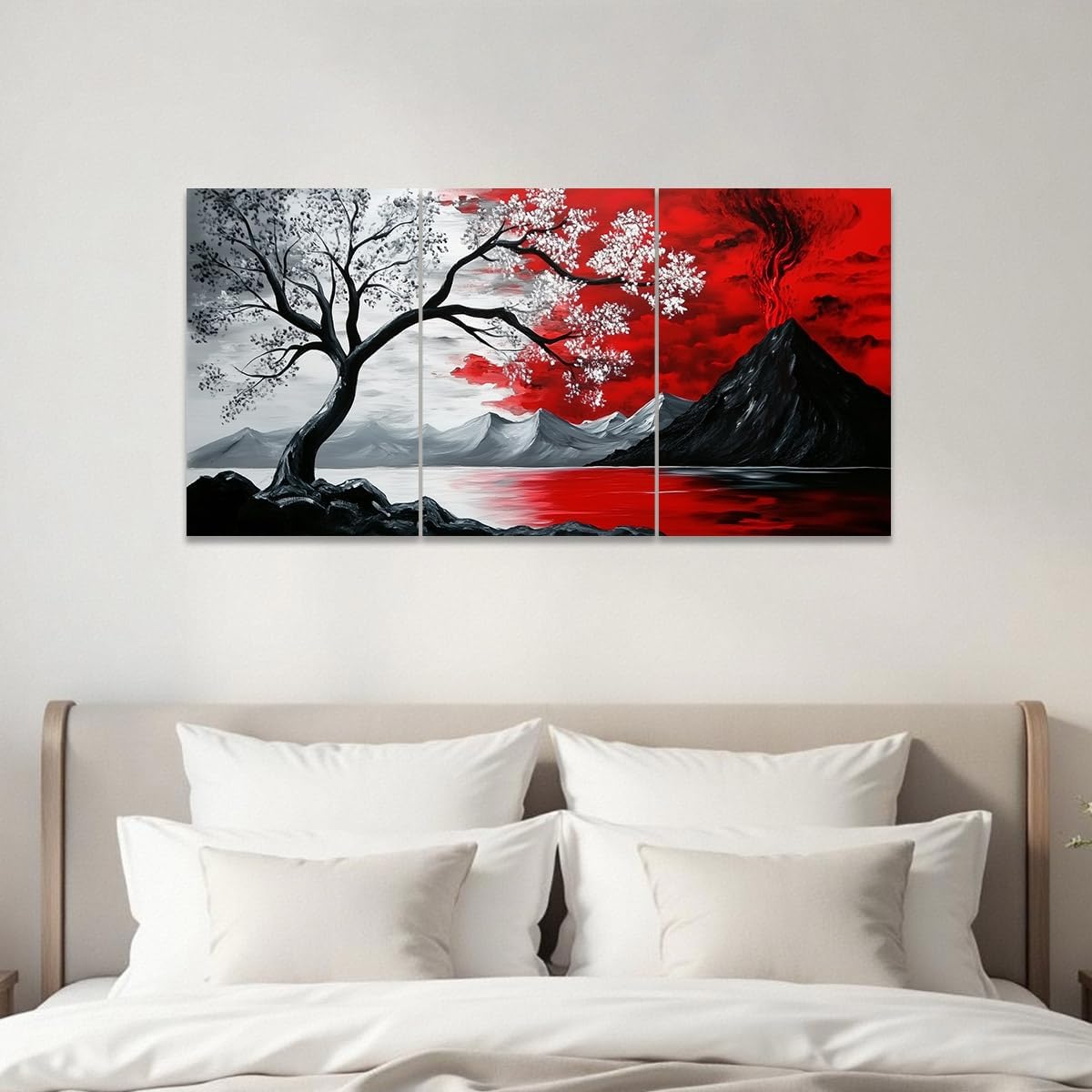 CCWACPP Black and Red 3pc Wall Art Abstract Seascape Paintings Cloud Tree Art Prints Landscape Canvas Pictures Modern Living Room Bedroom Home Decor Framed (24'x36'x3)