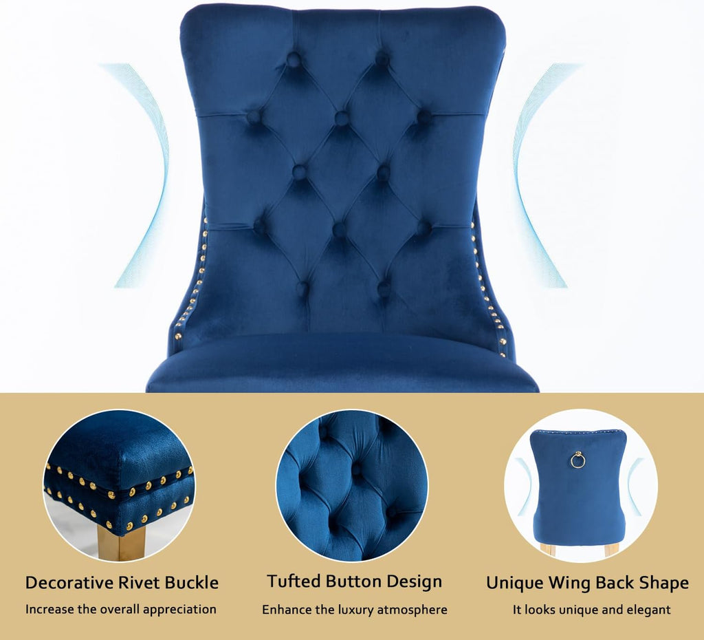 2 Piece Contemporary Velvet Upholstered Dining Chair with Chrome Stainless Steel Plating Legs, Nail Head Decro, Armless Tufted Dining Chair Fabric Dining Room Chair (Blue&Gold, Set of 2)