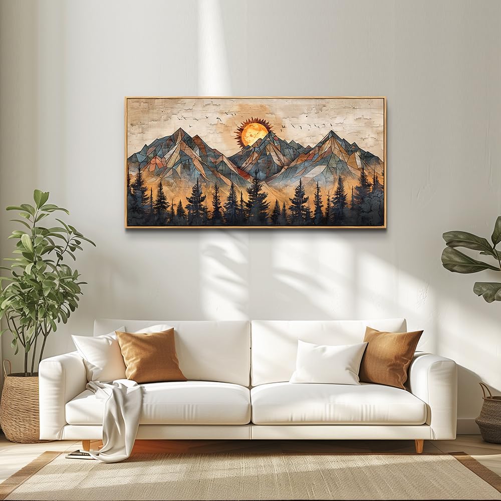 ZUITINGHUA Boho Wall Art For Living Room Large Canvas Wall Decor For Bedroom Office Decorations Abstract Wall Paintings Mountain Landscape Pictures Modern Home Mural Artwork Wood Framed 24x48 In