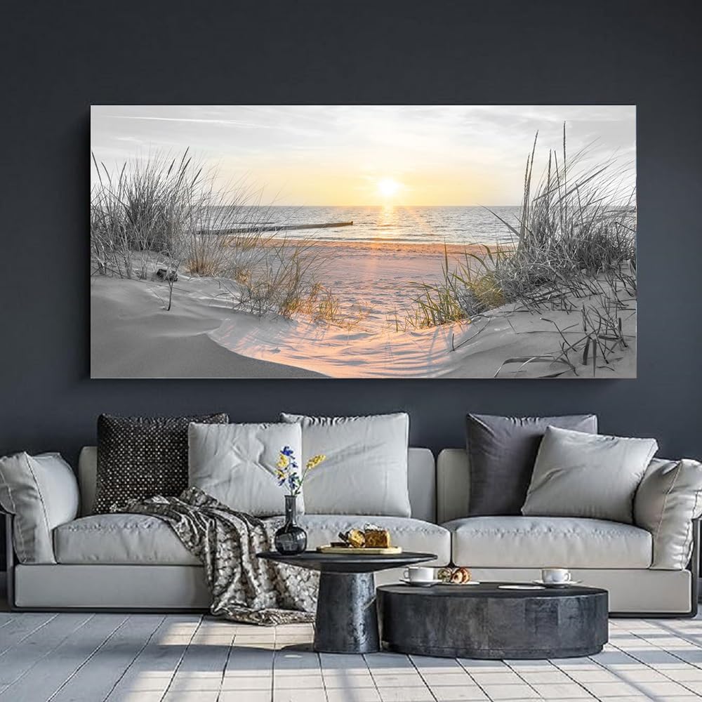 Yxbhhym-Large Wall Decor Living Room Black and White Sunset Beach Prints Art Ocean Picture Coastal Decor Seascape Artwork Sea Painting Poster Bedroom Wall Art Framed Office Home Decoration