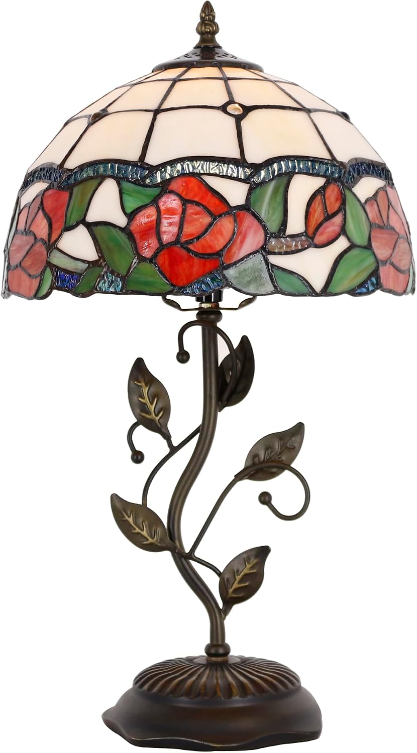 Tiffany Lamp Rose Flower Style Stained Glass Table Lamp Desk Bedside Reading Light 12X12X19 Inches with Metal Leaf Base Decor Bedroom Living Room