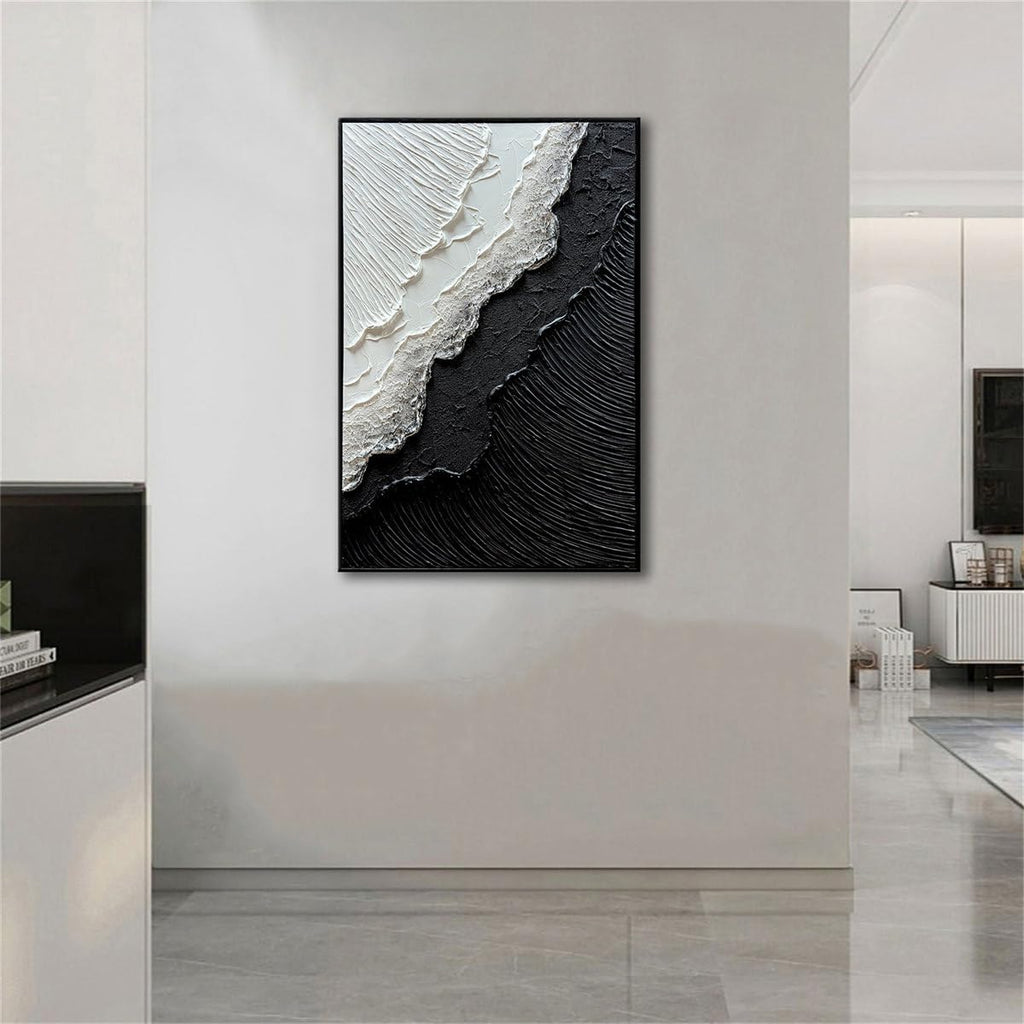 Framed Black and White Ocean Wave Wall Art, Modern Abstract Textured Paintings on Canvas, Relief Wall Art for Living Room Bedroom Wall Decor