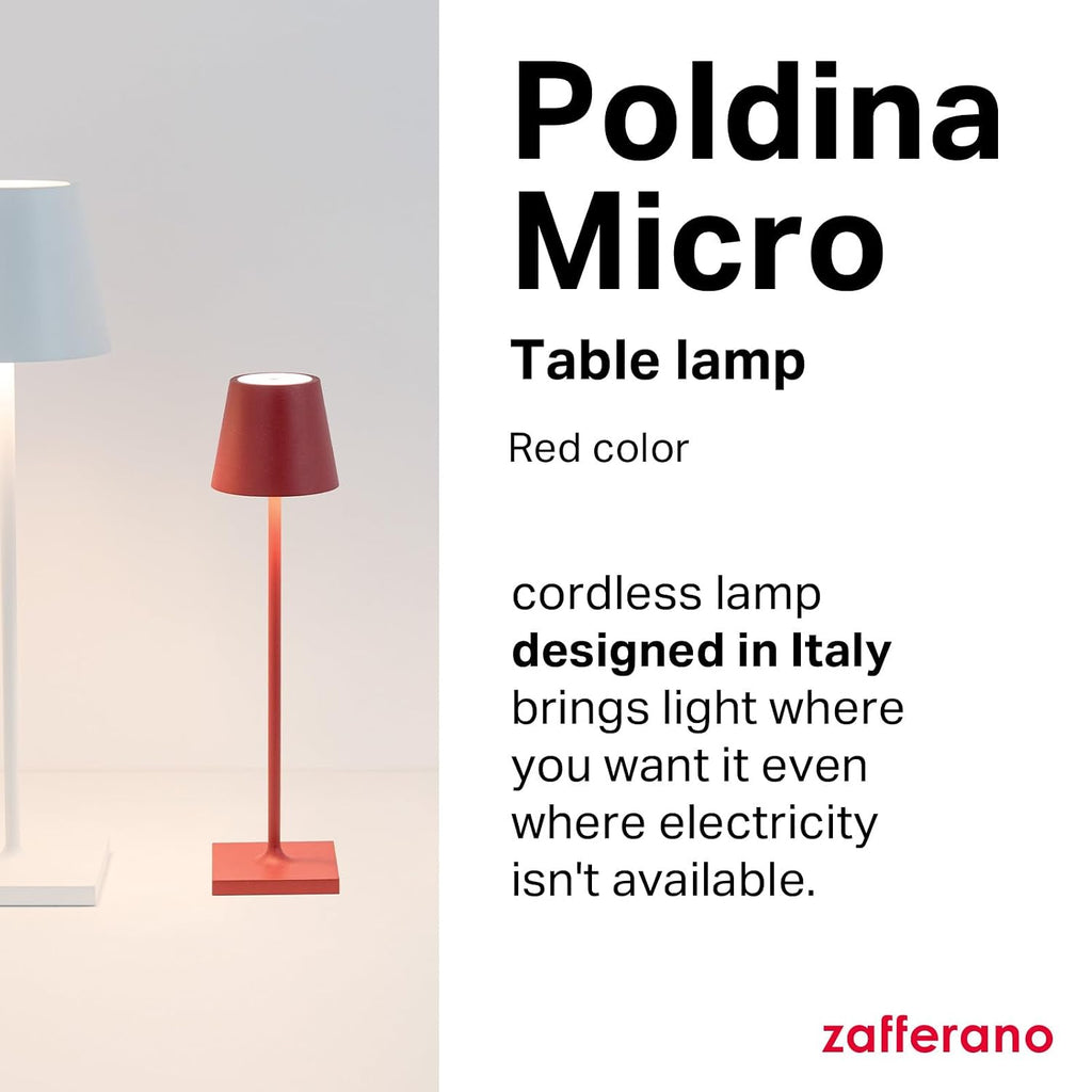 Zafferano, Poldina Micro Lamp, Rechargeable Cordless Table Lamp with Touch Controls, Suitable for Indoor and Outdoor, Dimmer, 2200-3000 K, Height 10.8 Inches, Red Color