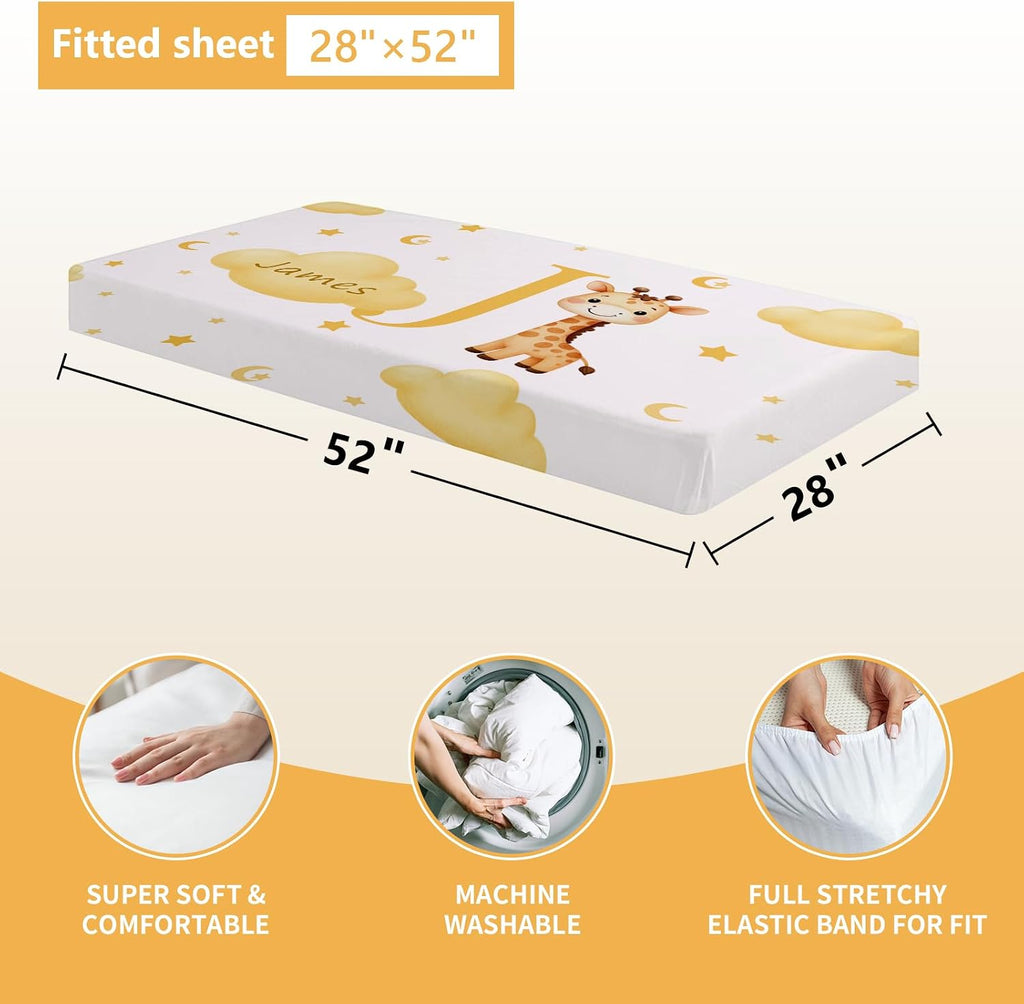 Terwex Custom Baby Bedding Set, 5 Pcs Personalized Name Baby Crib Sets for Infant Toddler Newborn, Yellow Giraffe Nursery Bedding Set for Girls Boys, Double Layer Crib Bedding Sets Customized Gifts